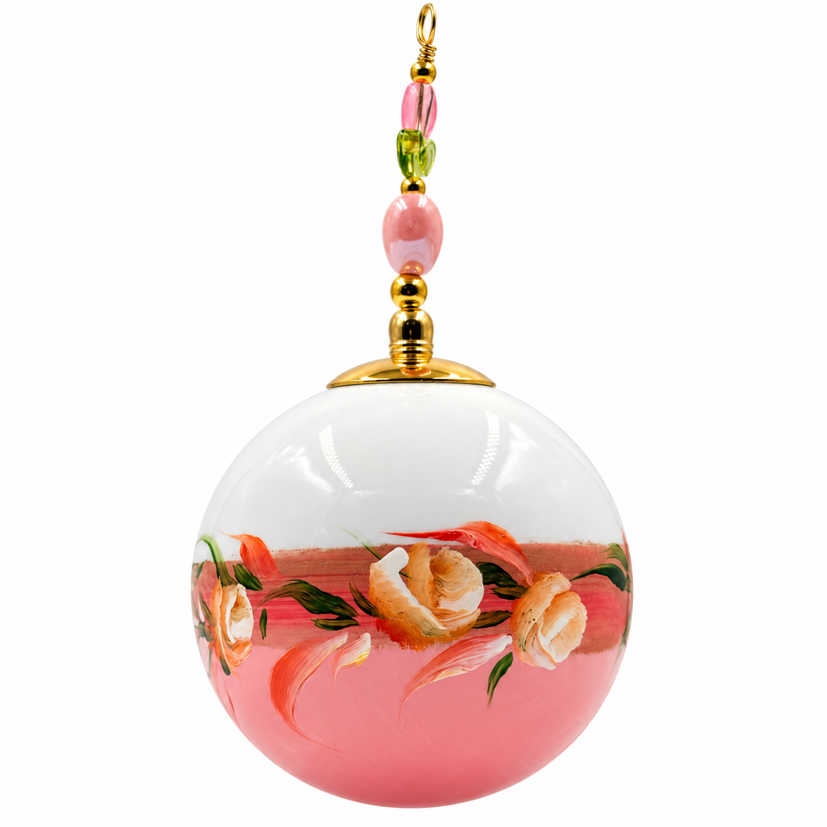 Boule de Noël artisanale personnalisable 6,5 cm, référence 17, vue 2 — Fleurs crème sur rose