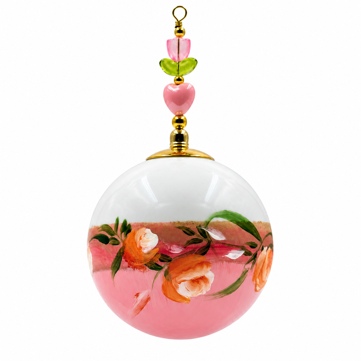 Boule de Noël artisanale personnalisable 6,5 cm, référence 17, vue 3 — Fleurs crème sur rose