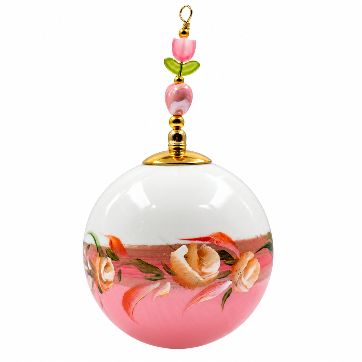 Boule de Noël avec perles 6,5 cm – Réf. 17 – Fleurs crème sur rose