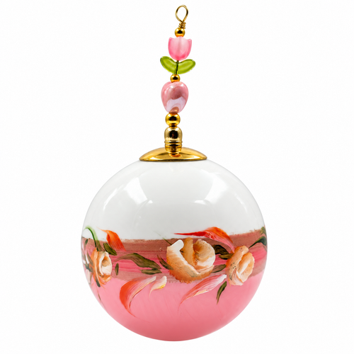 Boule de Noël artisanale personnalisable 6,5 cm, référence 17, vue 5 — Fleurs crème sur rose