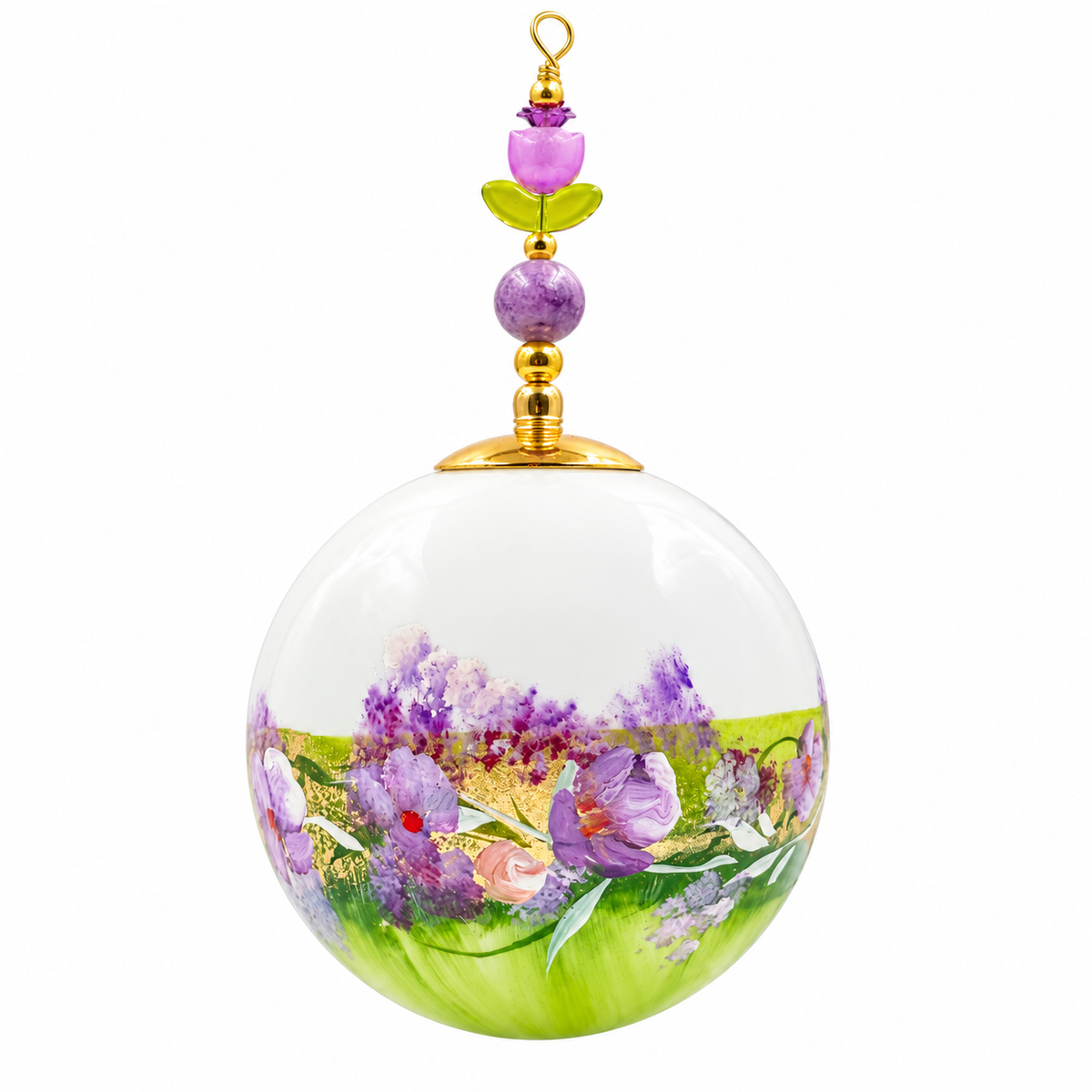 Boule de Noël artisanale personnalisable 6,5 cm – Réf. 18 – Fleurs mauves sur vert tendre – Vue 1