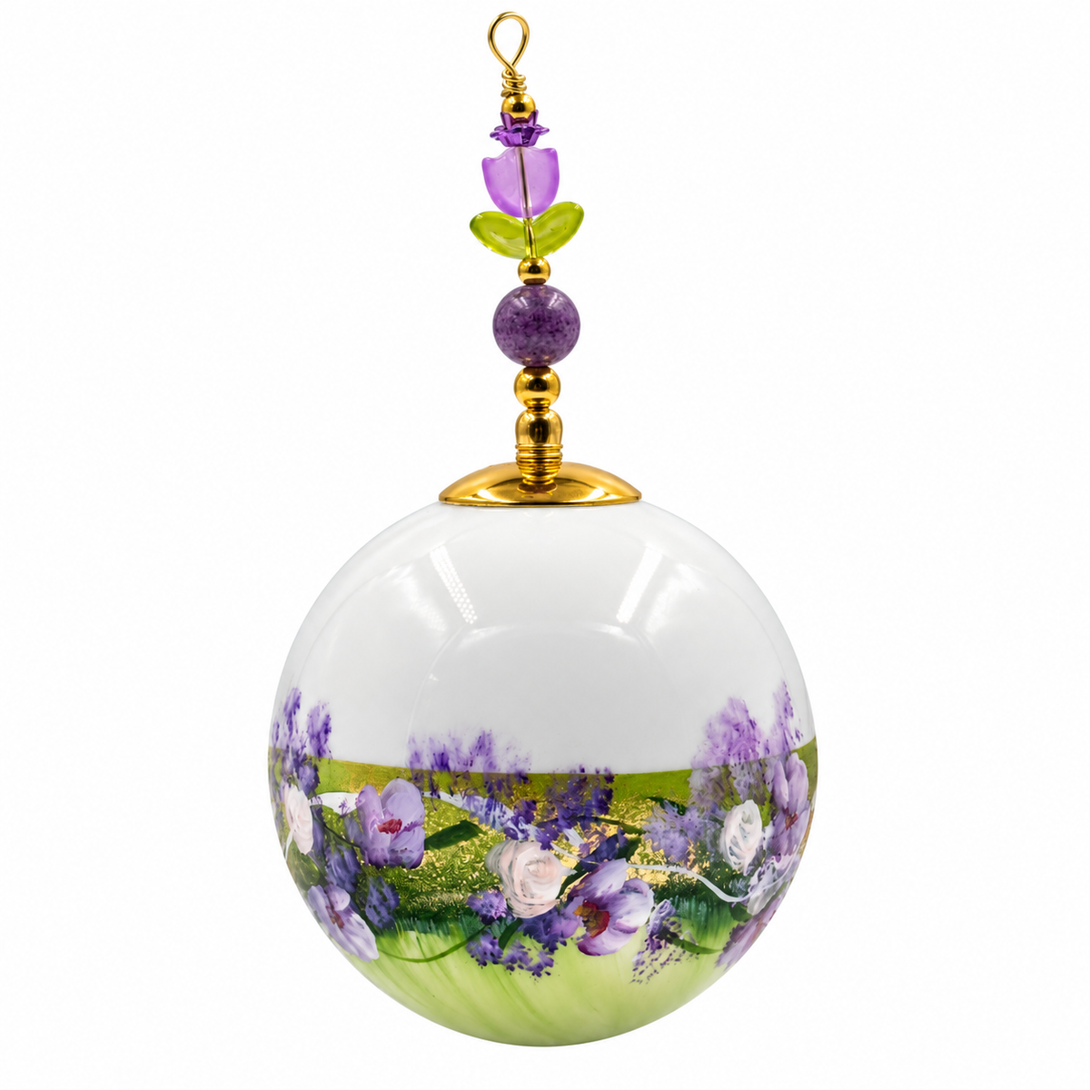Boule de Noël artisanale personnalisable 6,5 cm, référence 18, vue 2 — Fleurs mauves sur vert tendre