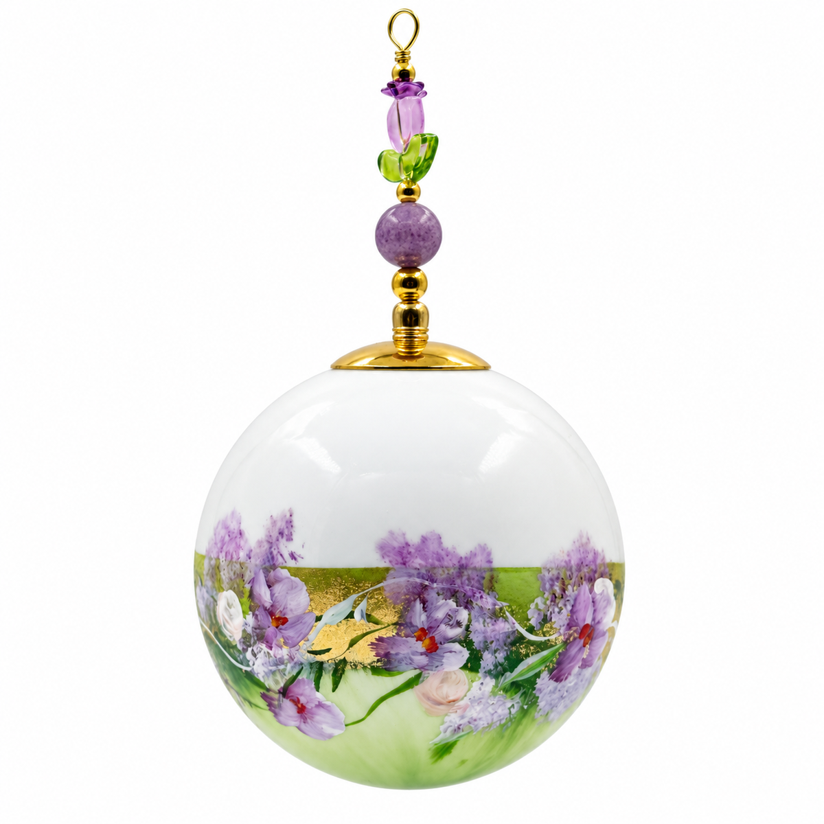 Boule de Noël avec perles 6,5 cm – Réf. 18 – Fleurs mauves sur vert tendre
