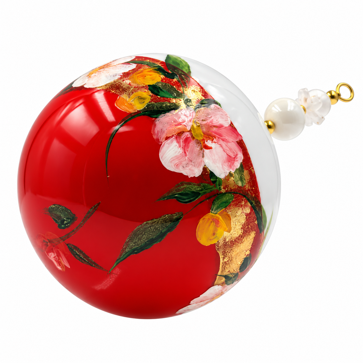 Boule de Noël artisanale personnalisable 6,5 cm – Réf. 19 – Fleurs crème et roses sur rouge – Vue 1
