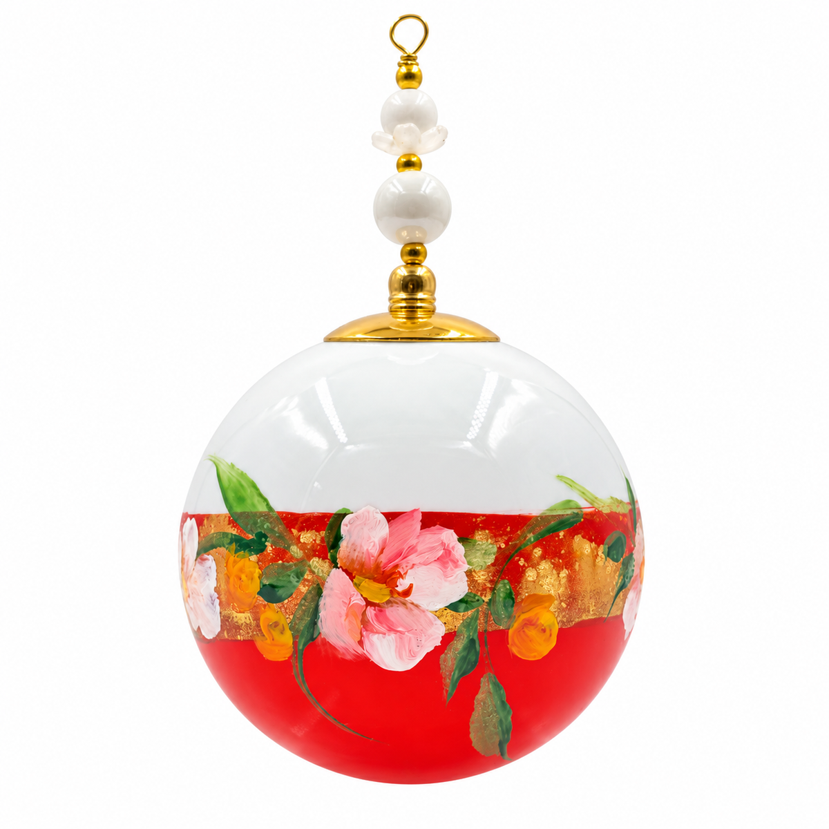 Boule de Noël avec perles 6,5 cm – Réf. 19 – Fleurs crème et roses sur rouge