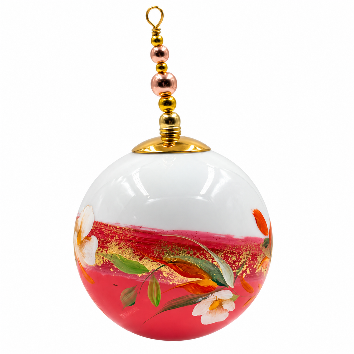 Boule de Noël artisanale personnalisable 6,5 cm, référence 20, vue 2 — Fleurs blanches sur rose