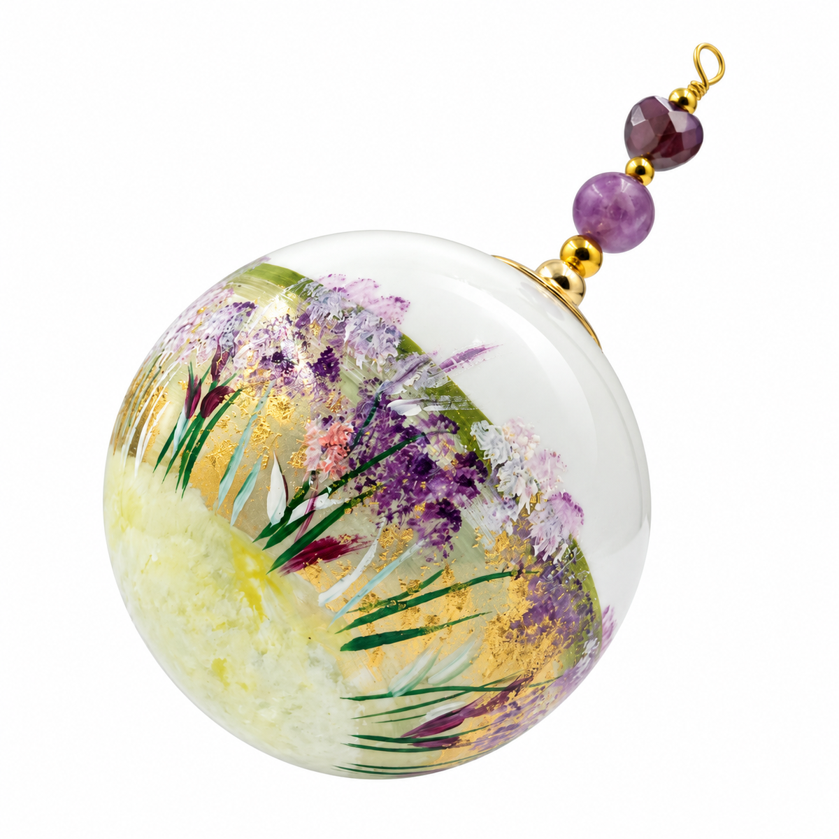 Boule de Noël artisanale personnalisable 6,5 cm – Réf. 22 – Fleurs mauves et tiges dorées – Vue 1