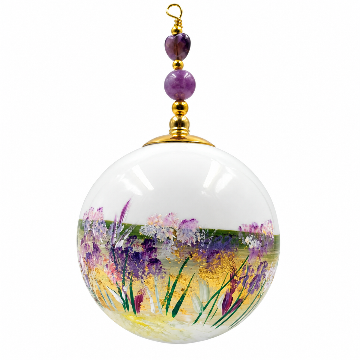 Boule de Noël artisanale personnalisable 6,5 cm, référence 22, vue 3 — Fleurs mauves et tiges dorées