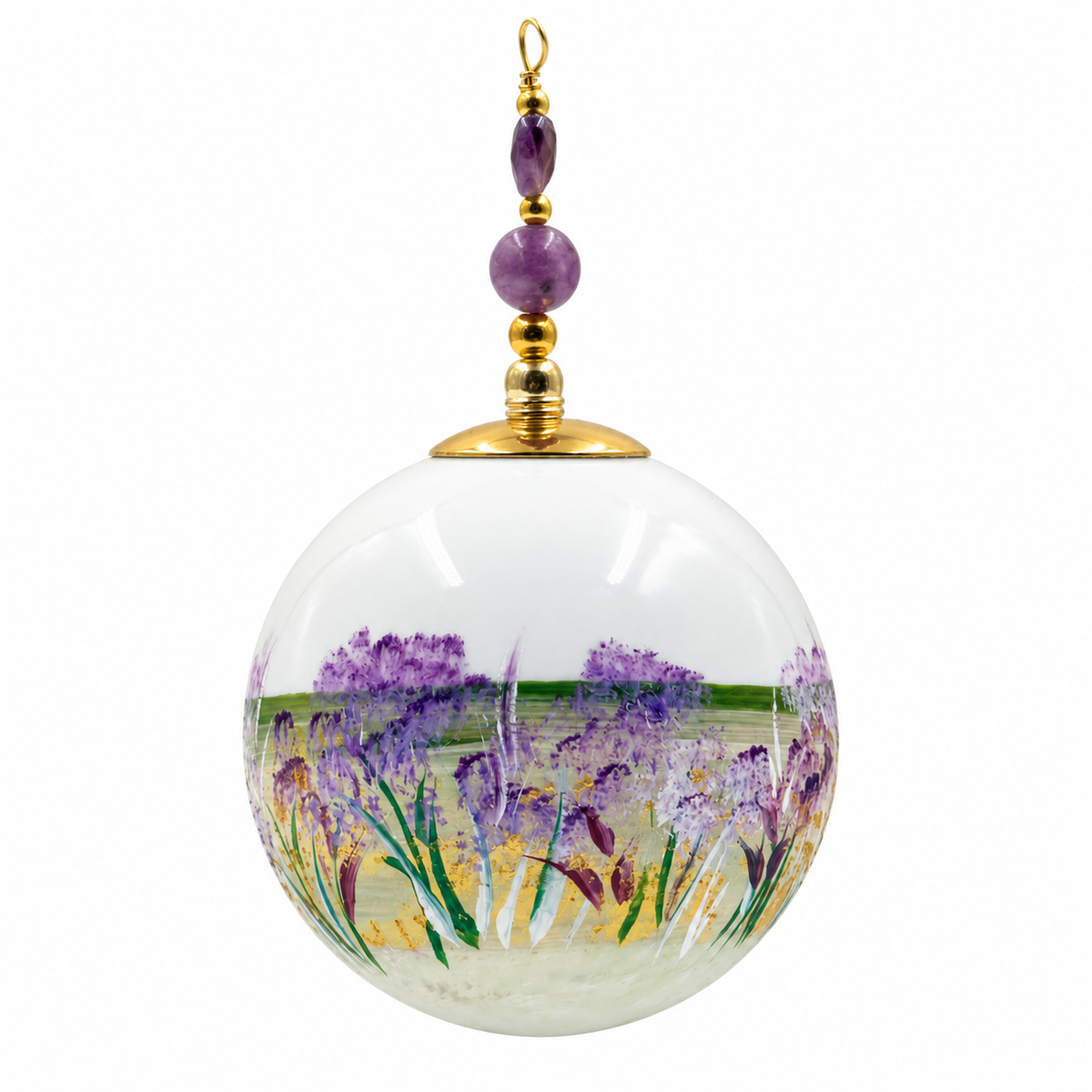 Boule de Noël artisanale personnalisable 6,5 cm, référence 22, vue 5 — Fleurs mauves et tiges dorées