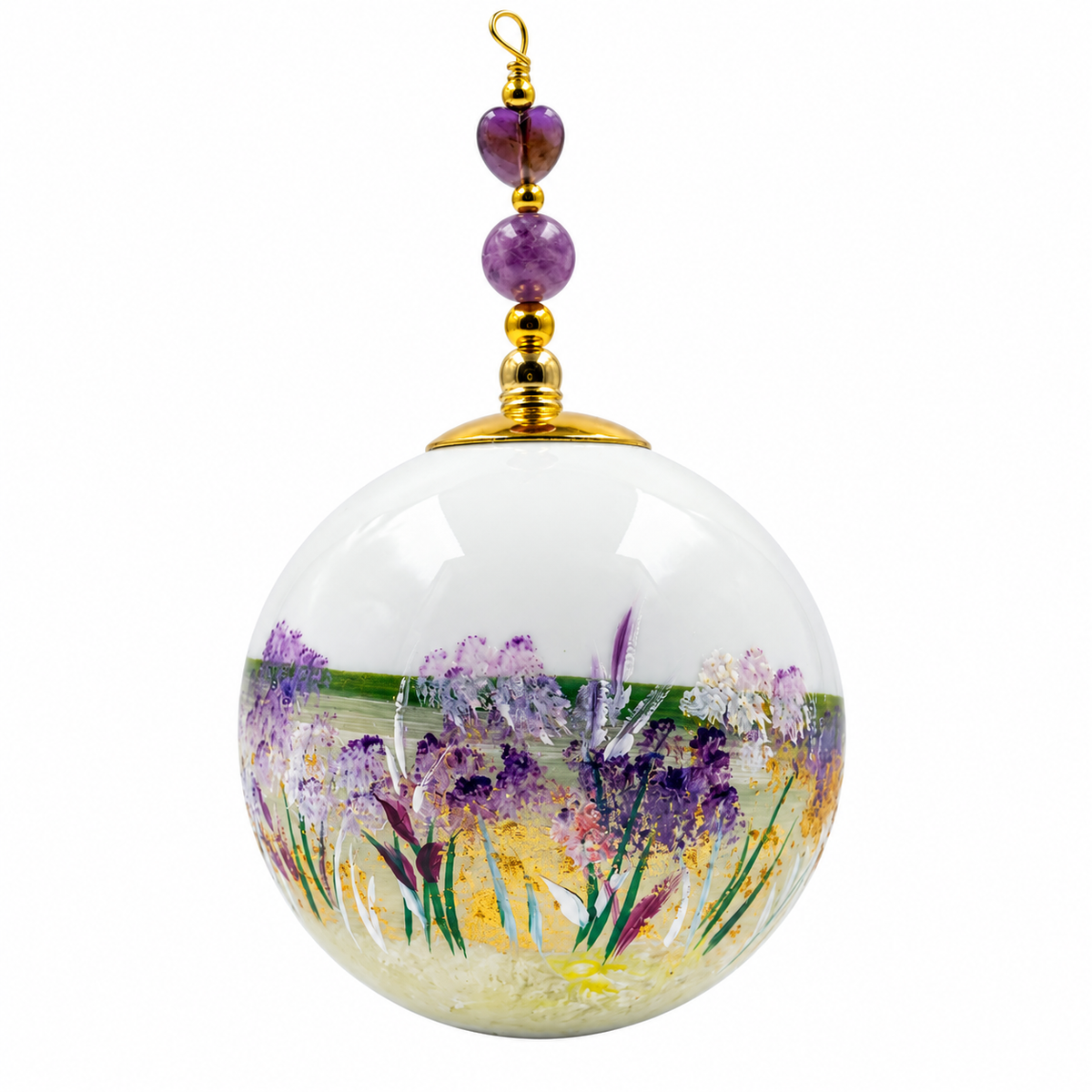 Boule de Noël artisanale personnalisable 6,5 cm, référence 22, vue 6 — Fleurs mauves et tiges dorées