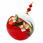 Boule de Noël artisanale personnalisable 6,5 cm, référence 23, vue 2 — Fleurs crème et feuillages sur rouge