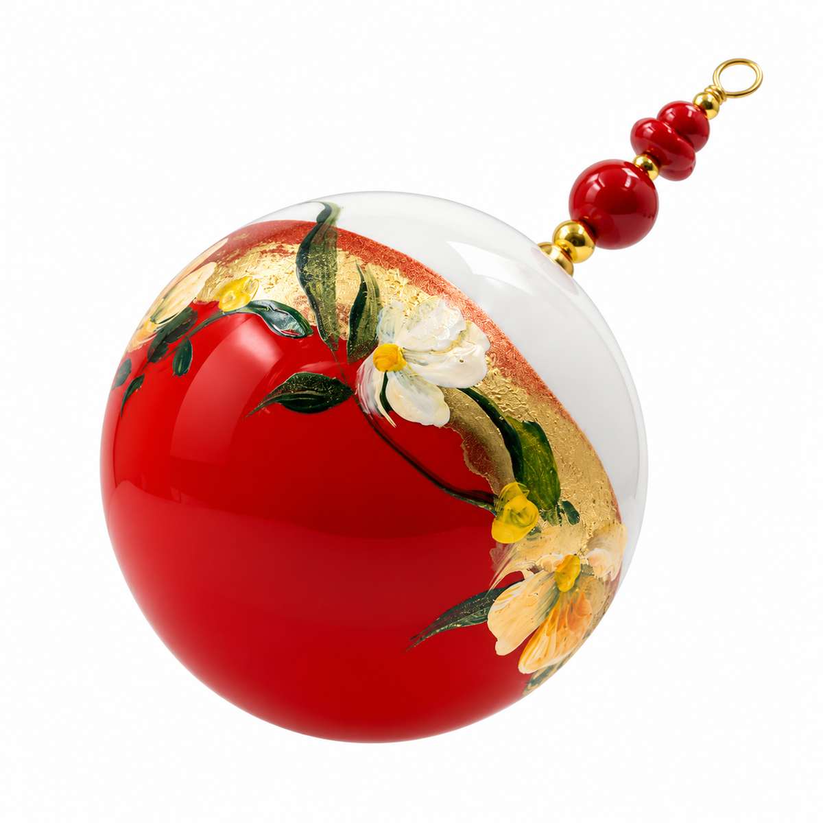 Boule de Noël artisanale personnalisable 6,5 cm – Réf. 24 – Fleurs claires et dorures sur rouge – Vue 1