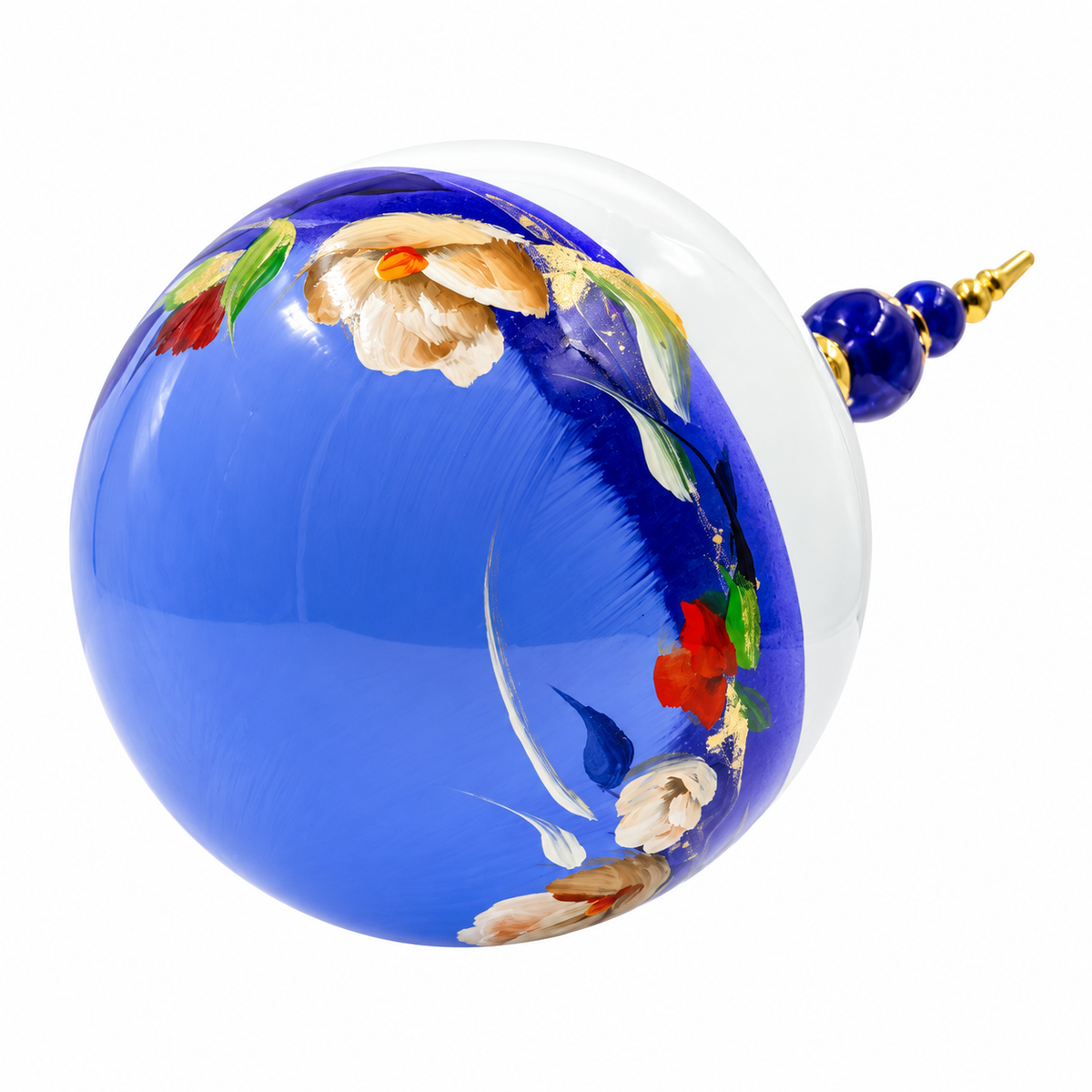 Boule de Noël artisanale personnalisable 6,5 cm – Réf. 25 – Fleurs blanches sur bleu – Vue 1