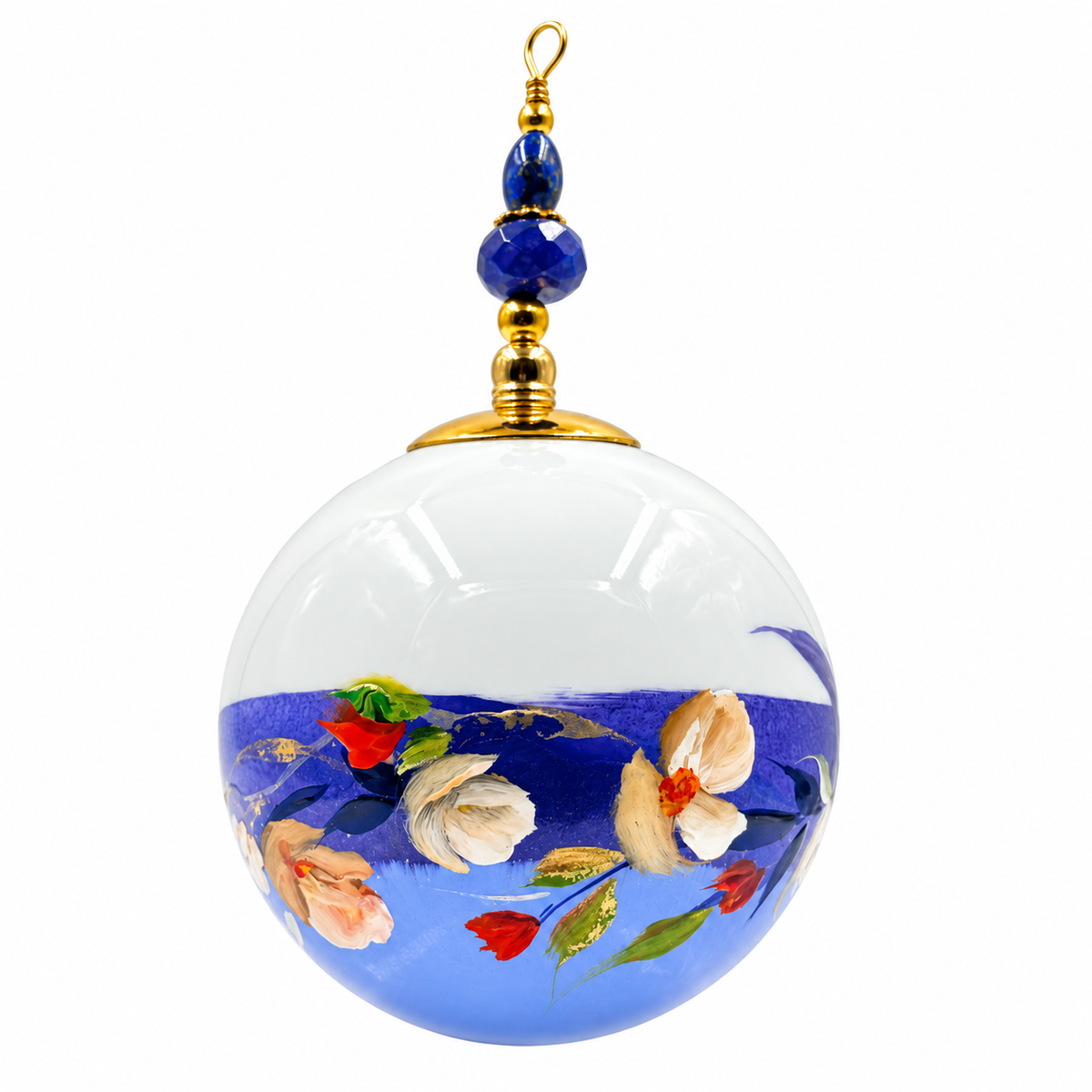 Boule de Noël artisanale personnalisable 6,5 cm, référence 25, vue 2 — Fleurs blanches sur bleu