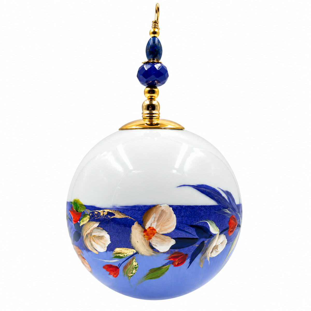 Boule de Noël artisanale personnalisable 6,5 cm, référence 25, vue 5 — Fleurs blanches sur bleu