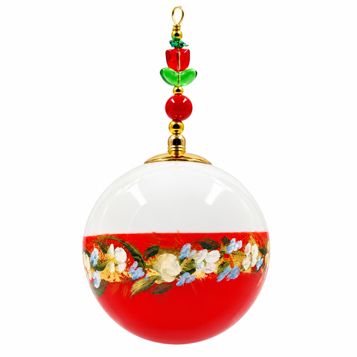 Boule de Noël artisanale personnalisable 6,5 cm – Réf. 26 – Frise de petites fleurs sur rouge – Vue 1