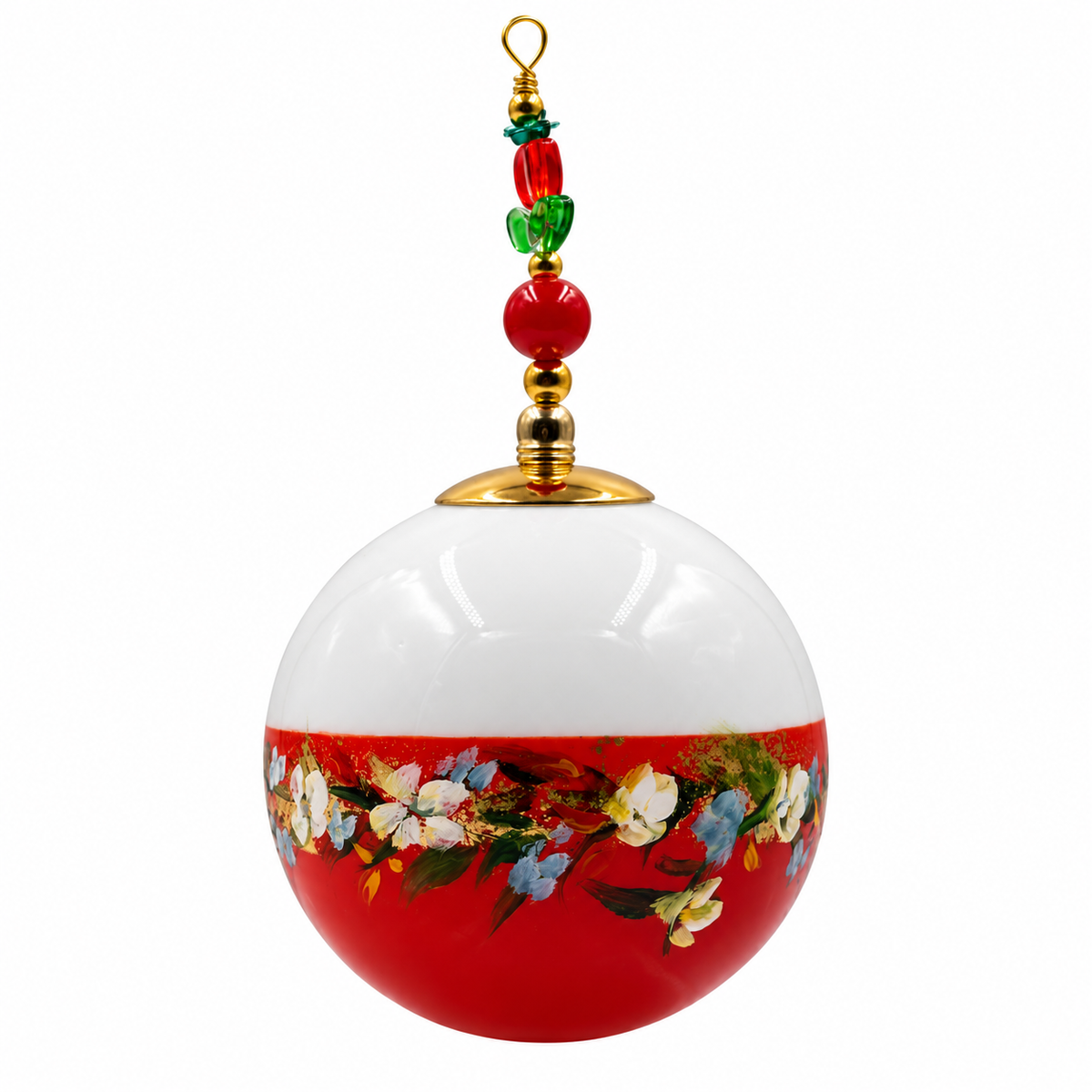 Boule de Noël artisanale personnalisable 6,5 cm, référence 26, vue 2 — Frise de petites fleurs sur rouge