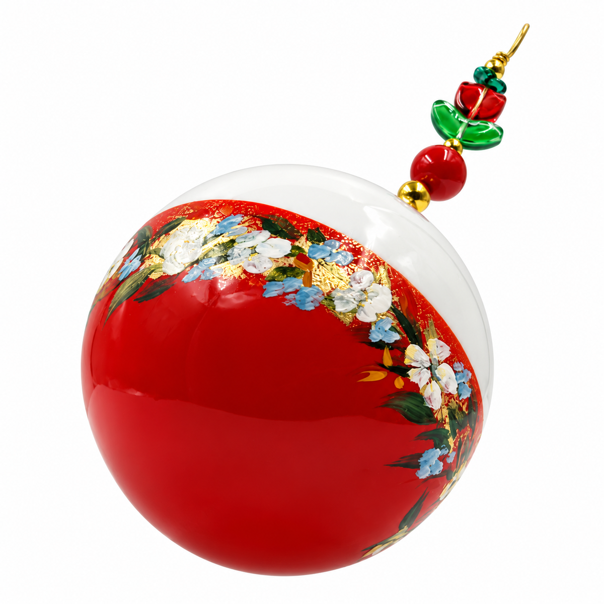 Boule de Noël artisanale personnalisable 6,5 cm, référence 26, vue 5 — Frise de petites fleurs sur rouge