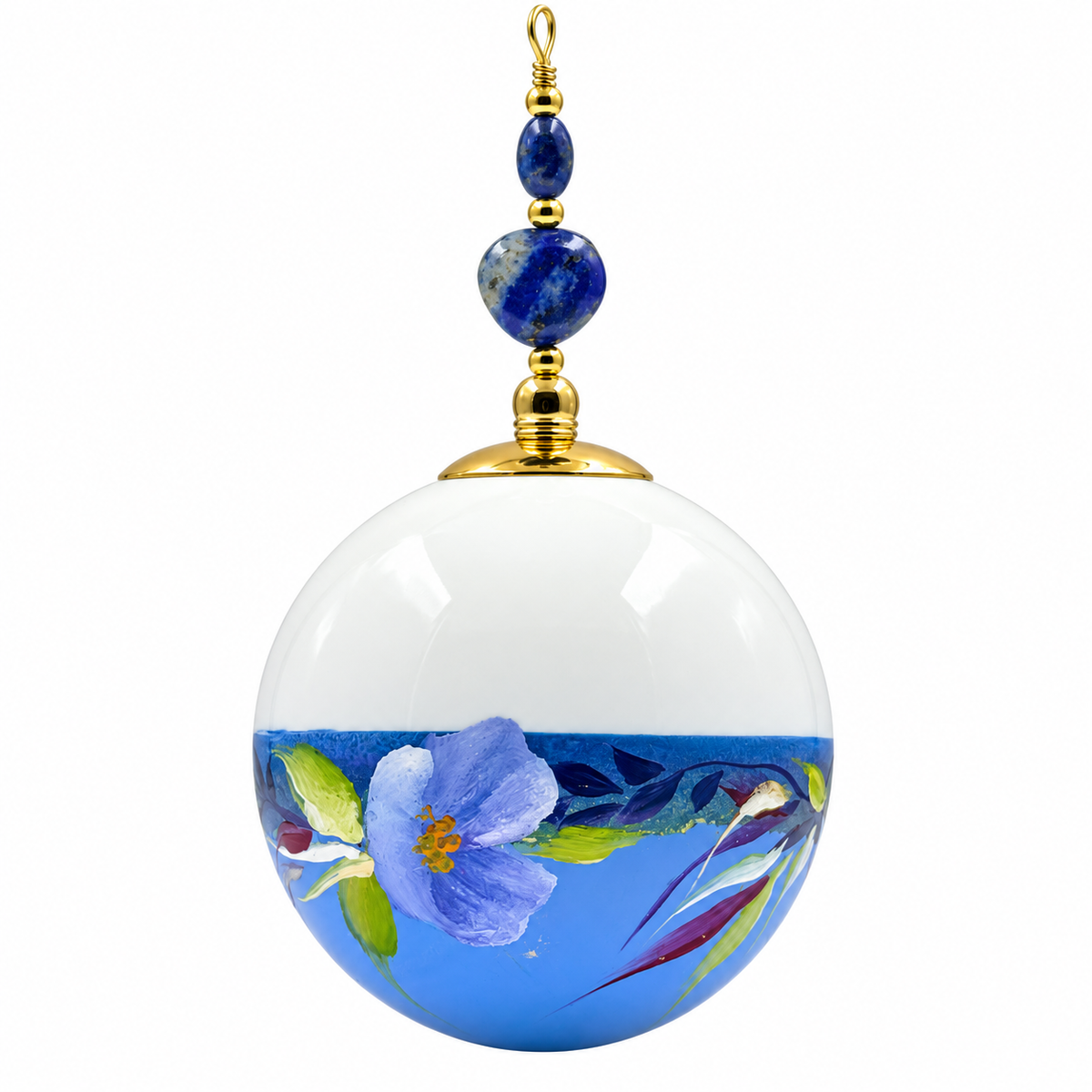 Boule de Noël avec perles 6,5 cm – Réf. 27 – Grandes fleurs bleues sur bleu lavande