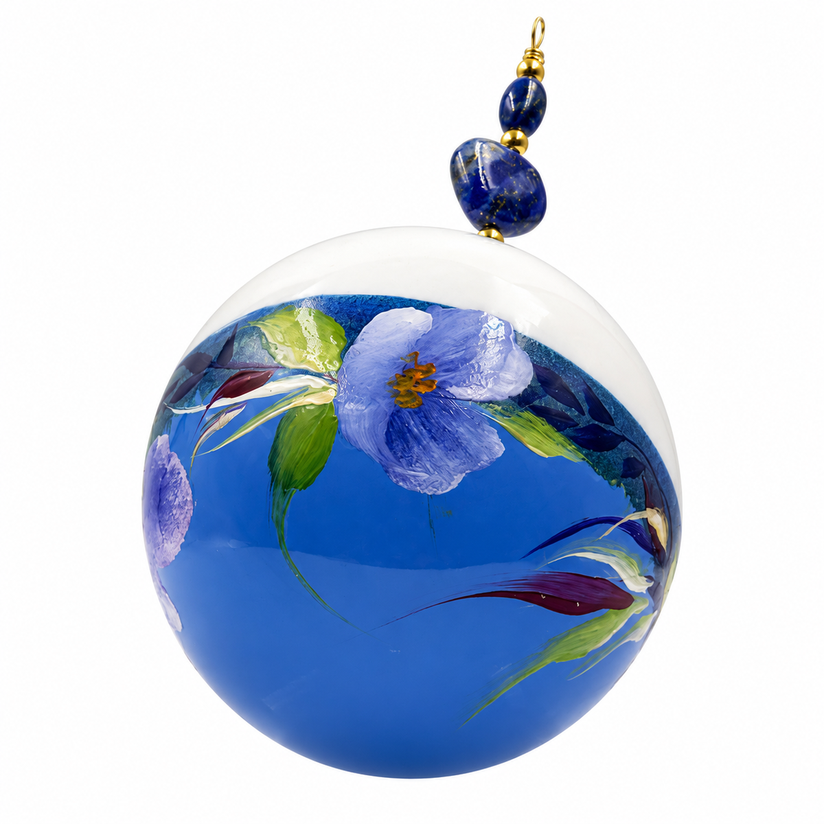 Boule de Noël artisanale personnalisable 6,5 cm, référence 27, vue 5 — Grandes fleurs bleues sur bleu lavande