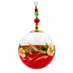 Boule de Noël artisanale personnalisable 6,5 cm, référence 29, vue 4 — Fleurs crème et frise dorée sur rouge