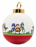 Farandole bonhomme de neige — Boule de Noël 5,5 cm — dessous rouge, porcelaine peinte à la main