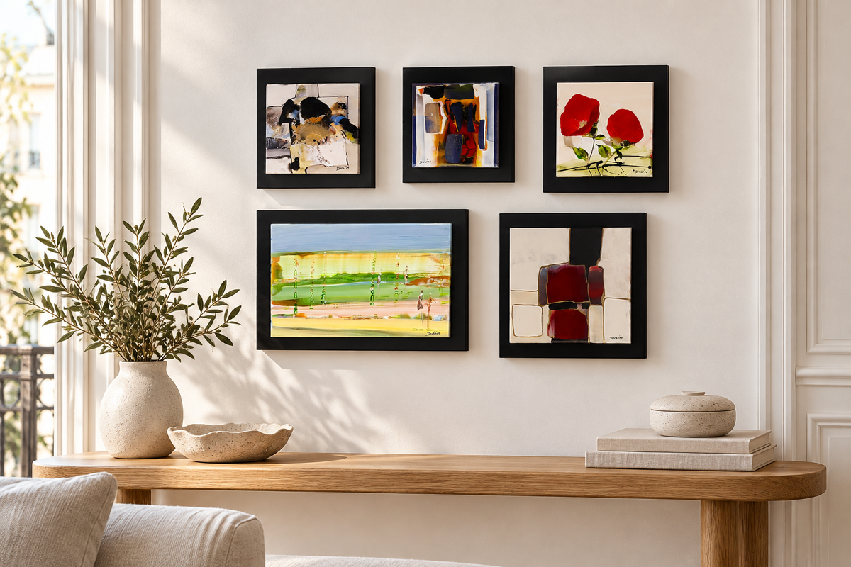 Tableaux sur céramique dans un salon lumineux
