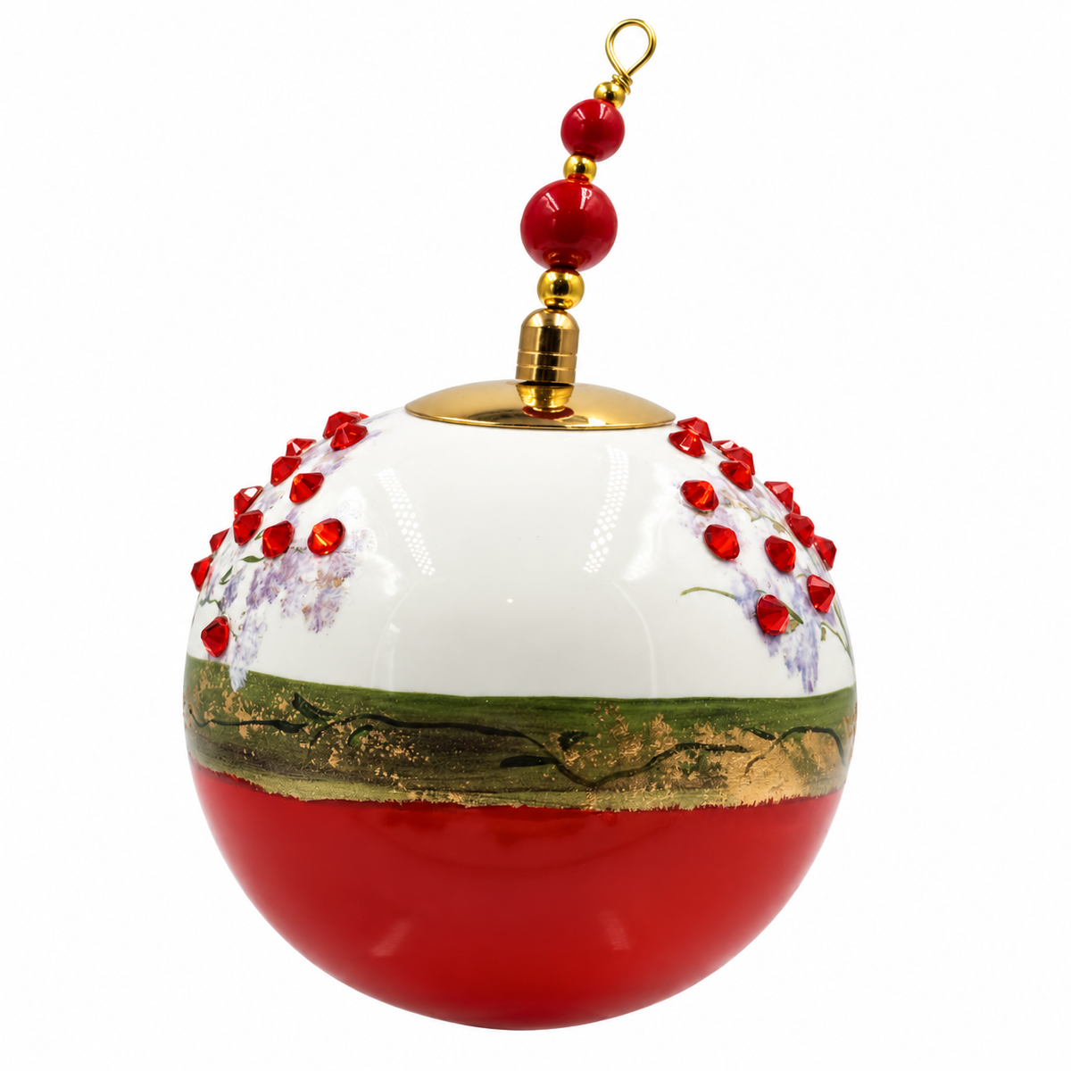 Boule de Noël en porcelaine avec perles et strass 8 cm, référence 01, vue latérale