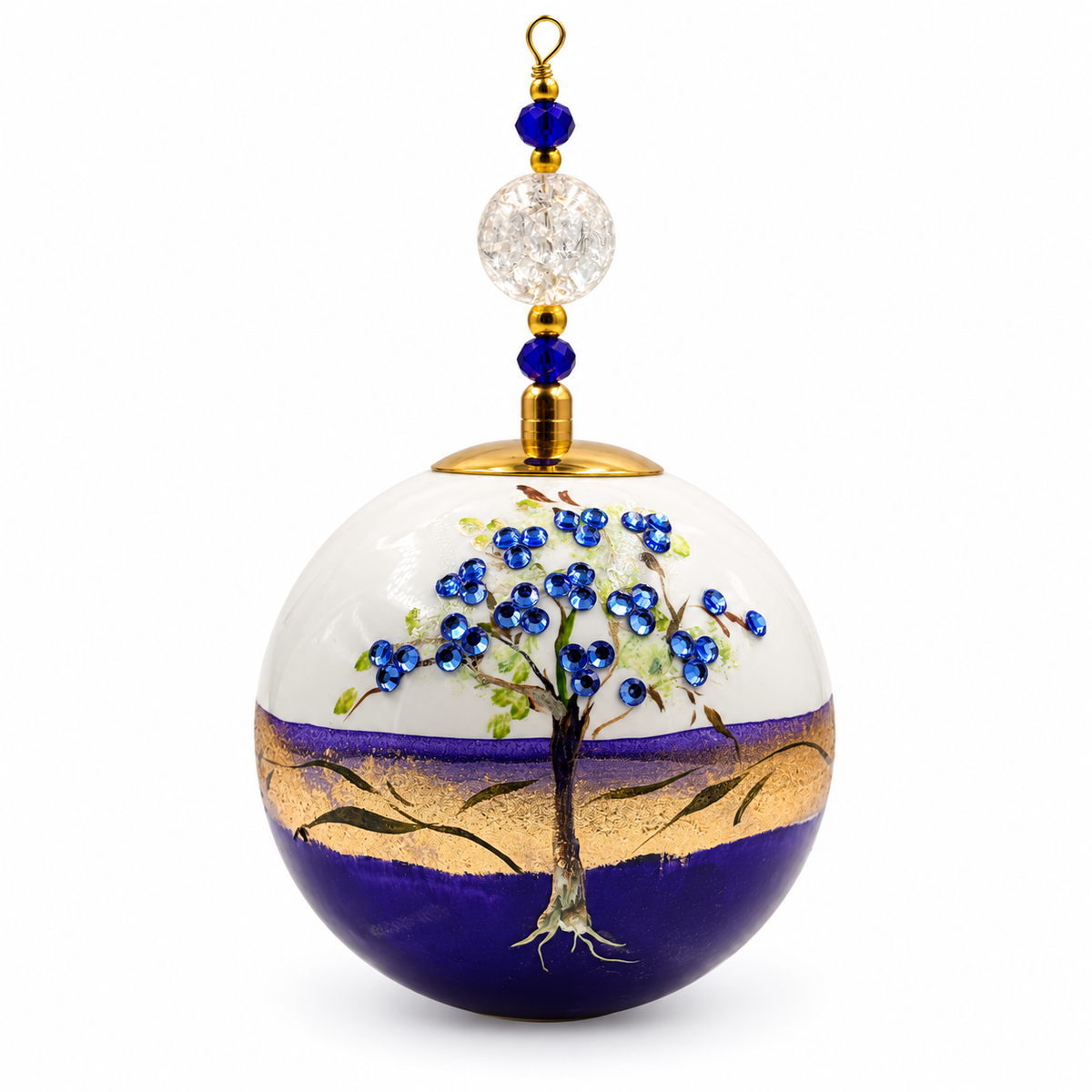 Boule de Noël perles et strass 8 cm – Réf. 02 – Bleu profond et strass bleus