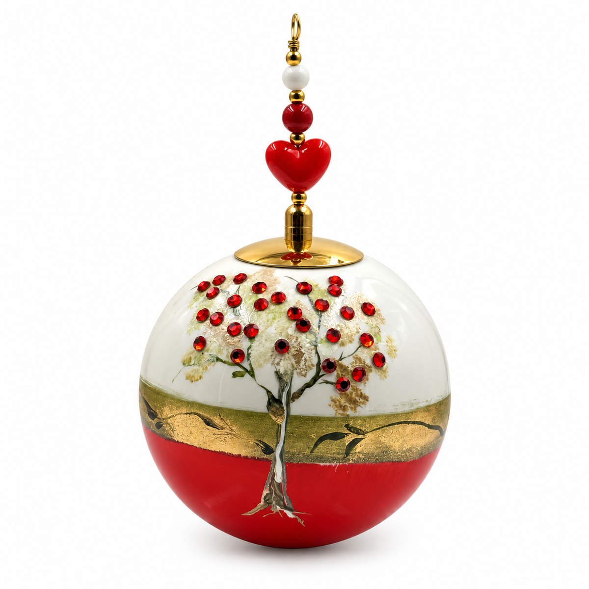 Boule de Noël en porcelaine avec perles et strass 8 cm – Réf. 03 – Rouge et cœur rouge, vue de face