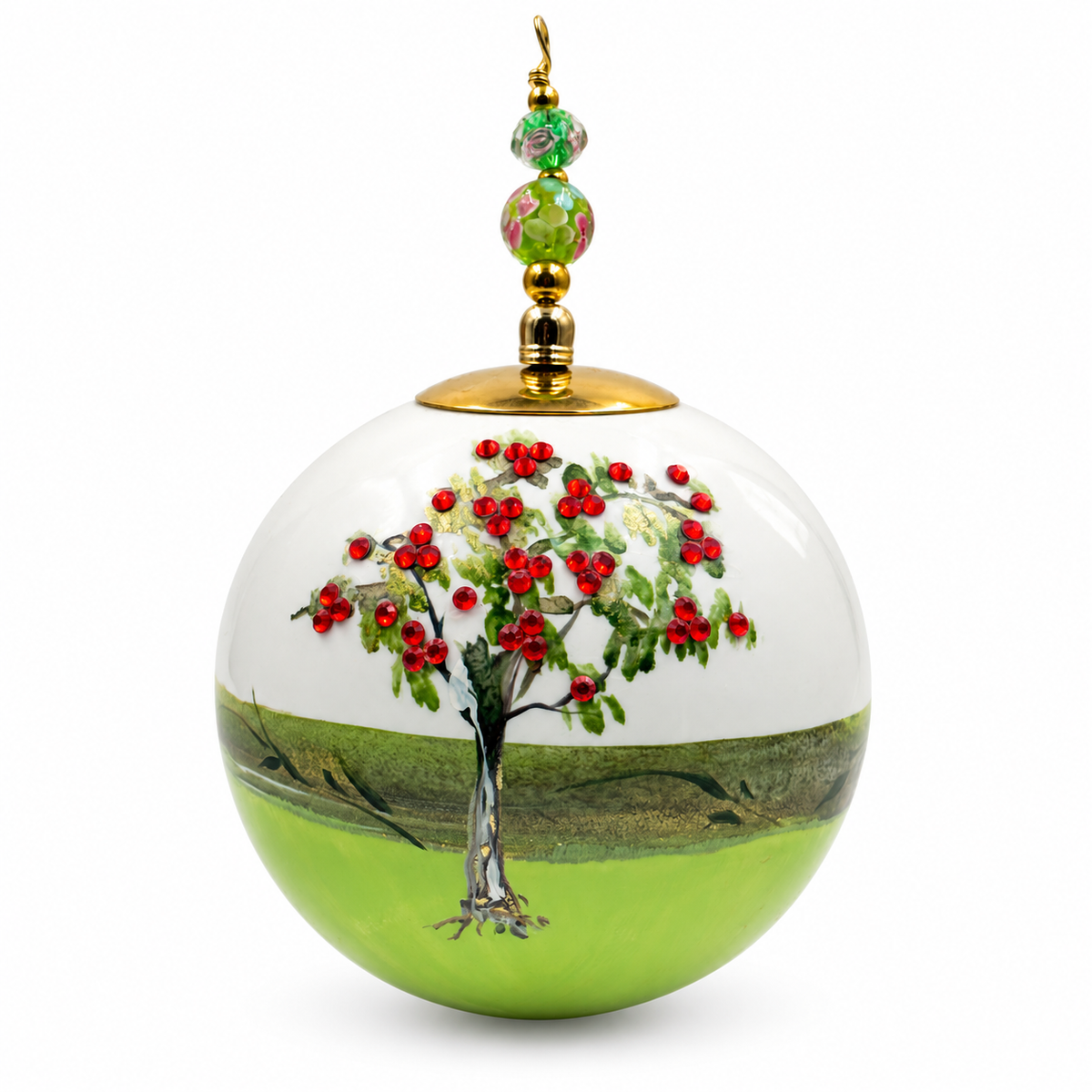 Boule de Noël avec perles et strass 8 cm – Réf. 06 – Vert et strass rouges, vue de face