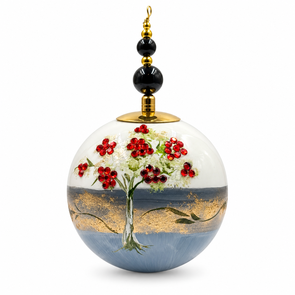 Boule de Noël avec perles et strass 8 cm – Réf. 08 – Gris et strass rouges, vue de face