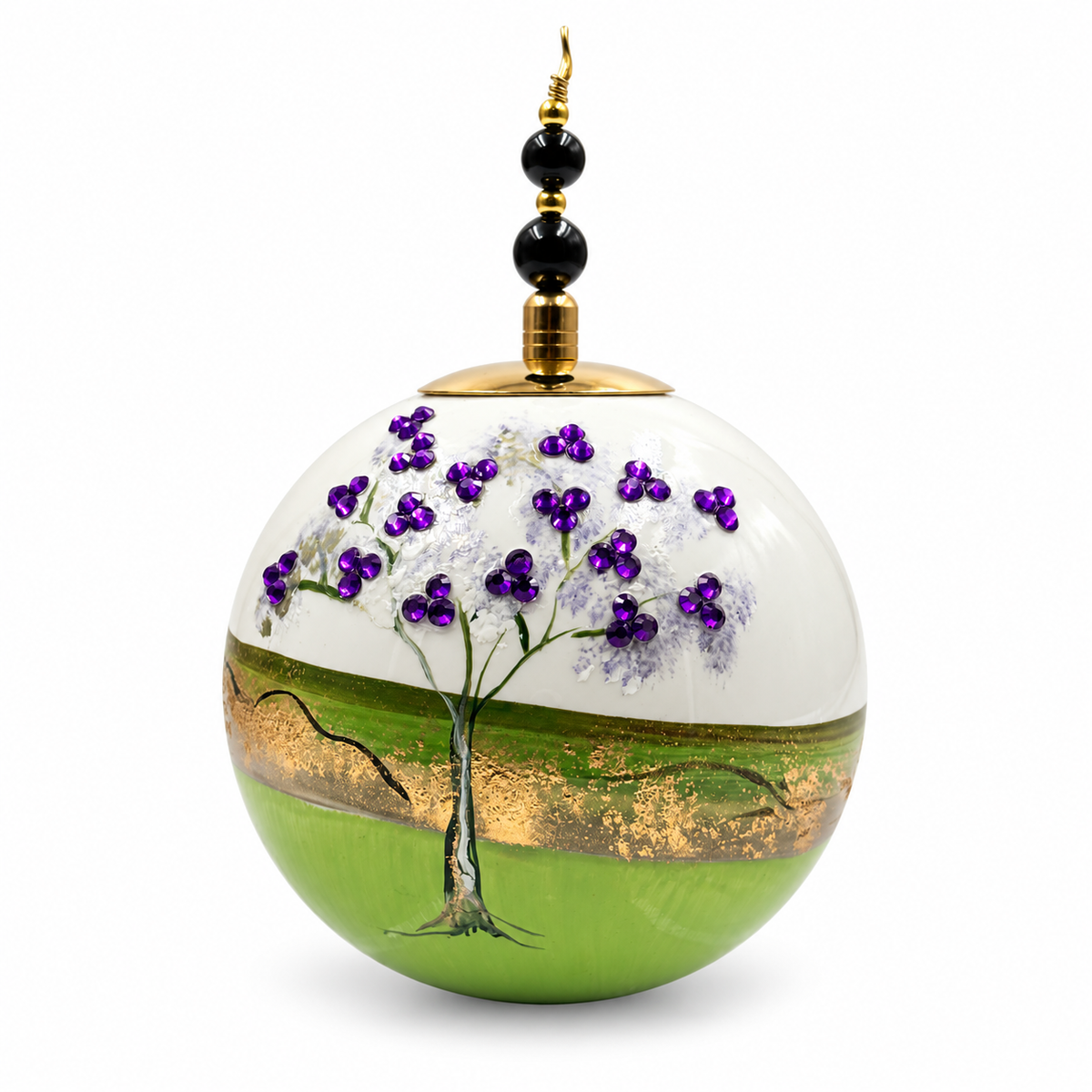 Boule de Noël perles et strass 8 cm – Réf. 09 – Vert et strass violets