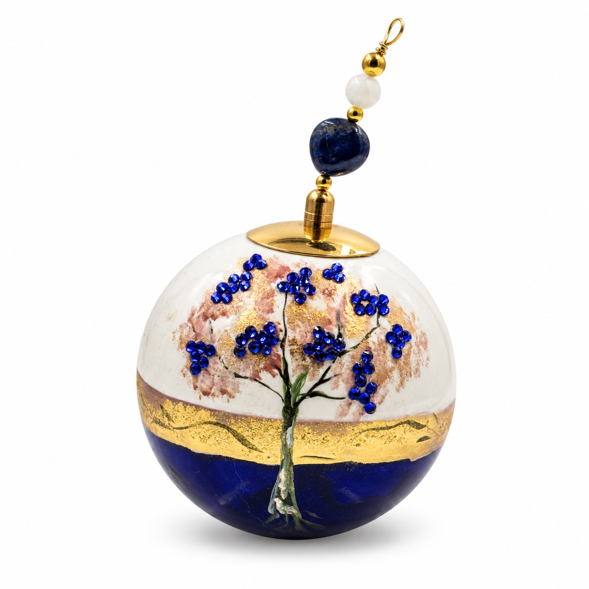 Boule de Noël avec perles et strass 8 cm – Réf. 11 – Bleu profond et fleurs bleues, vue de face