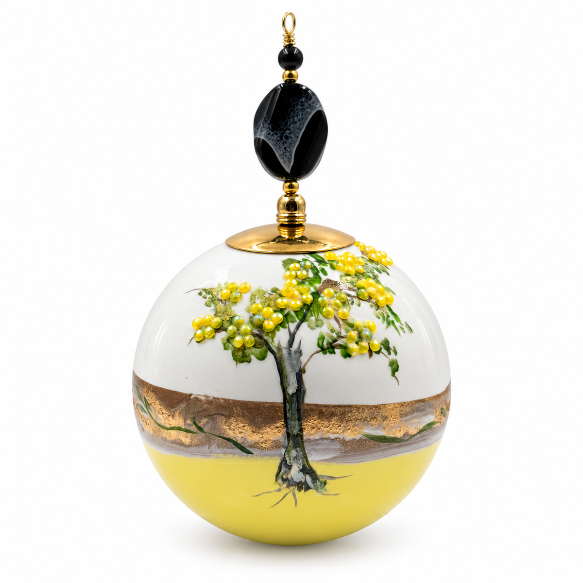 Boule de Noël avec perles et strass 8 cm – Réf. 14 – Jaune et perle noire, vue de face