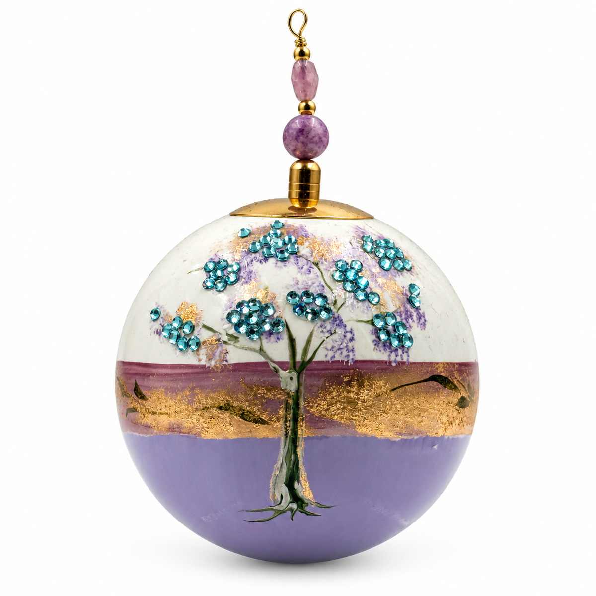 Boule de Noël avec perles et strass 8 cm – Réf. 15 – Mauve et strass bleu clair, vue de face
