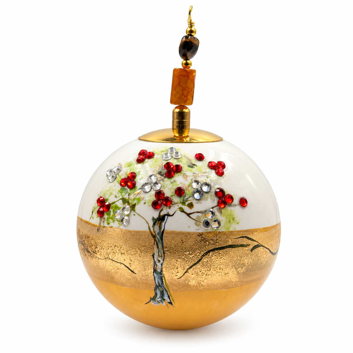 Boule de Noël avec perles et strass 8 cm – Réf. 16 – Ocre et strass rouges et transparents, vue de face