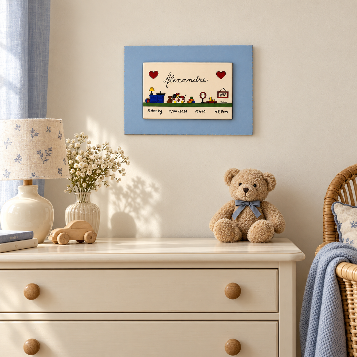 Tableau de naissance bleu Maison Dulin mis en situation dans une chambre d’enfant
