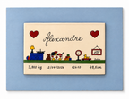 Tableau de naissance personnalisé sur céramique, support bleu, 22 × 17 cm