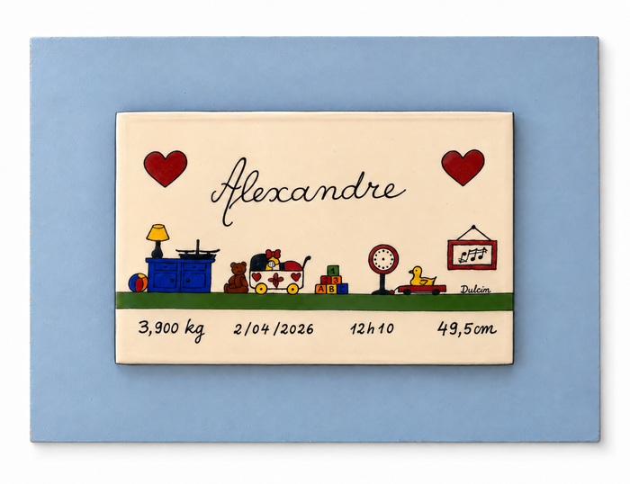 Tableau de naissance personnalisé sur céramique, support bleu, 22 × 17 cm