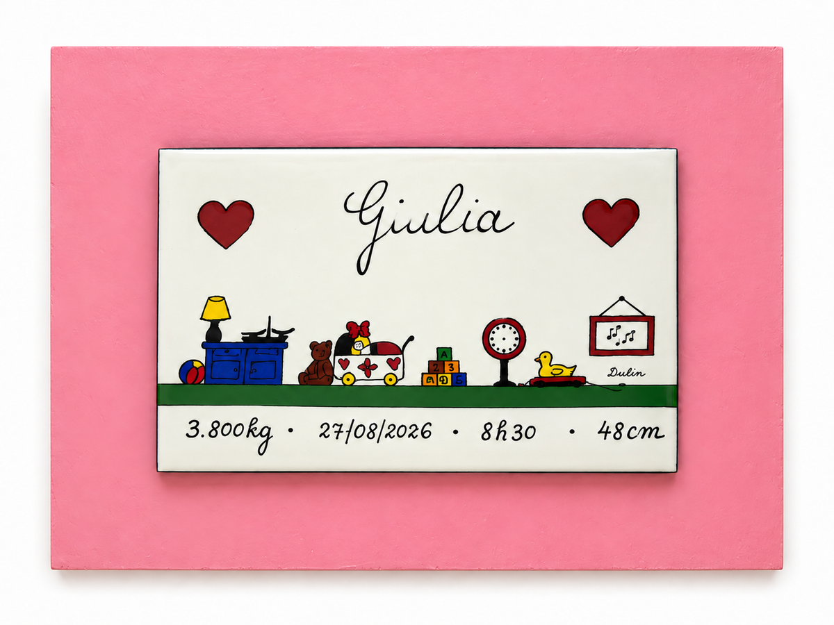 Tableau de naissance personnalisé sur céramique, support rose, 22 × 17 cm